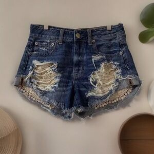 American Eagle 🦅 Hi-Rise Festival Lace Pocket Frayed Jean Shorts Size 00/26